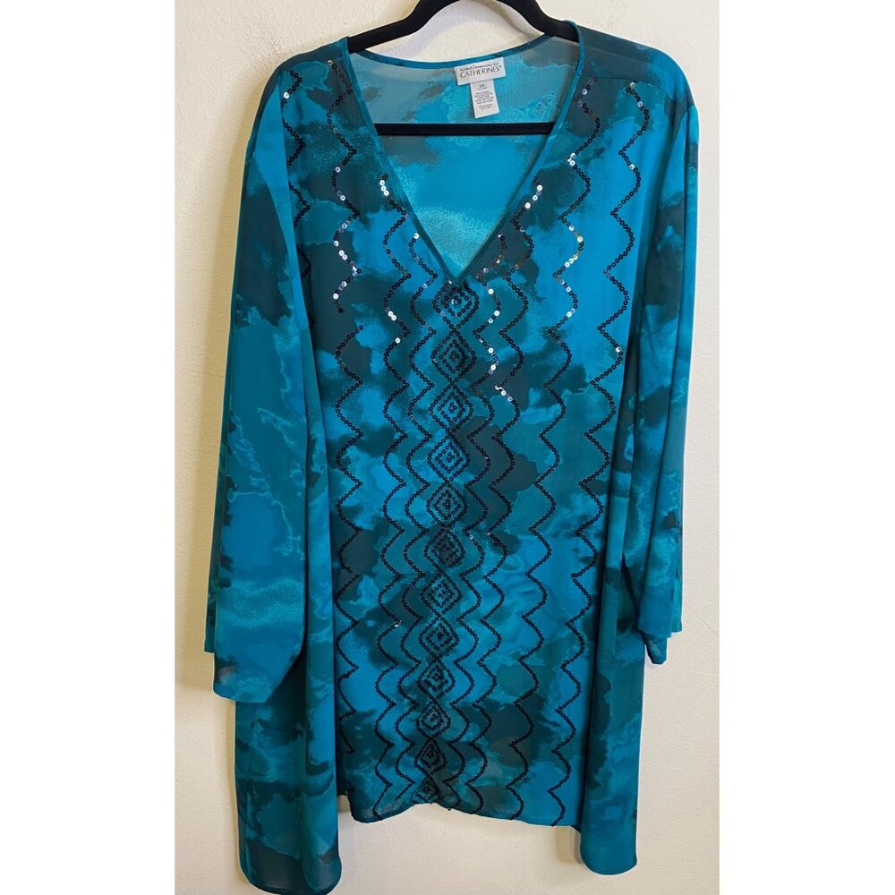 ADDED DIMENSIONS CATHERINES Flowy Blouse Watercolor Teal Black Top  Plus 26/28W